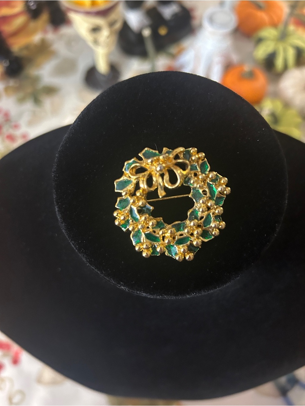 Gold and Green Wreath Brooch - Holiday Floral Pin